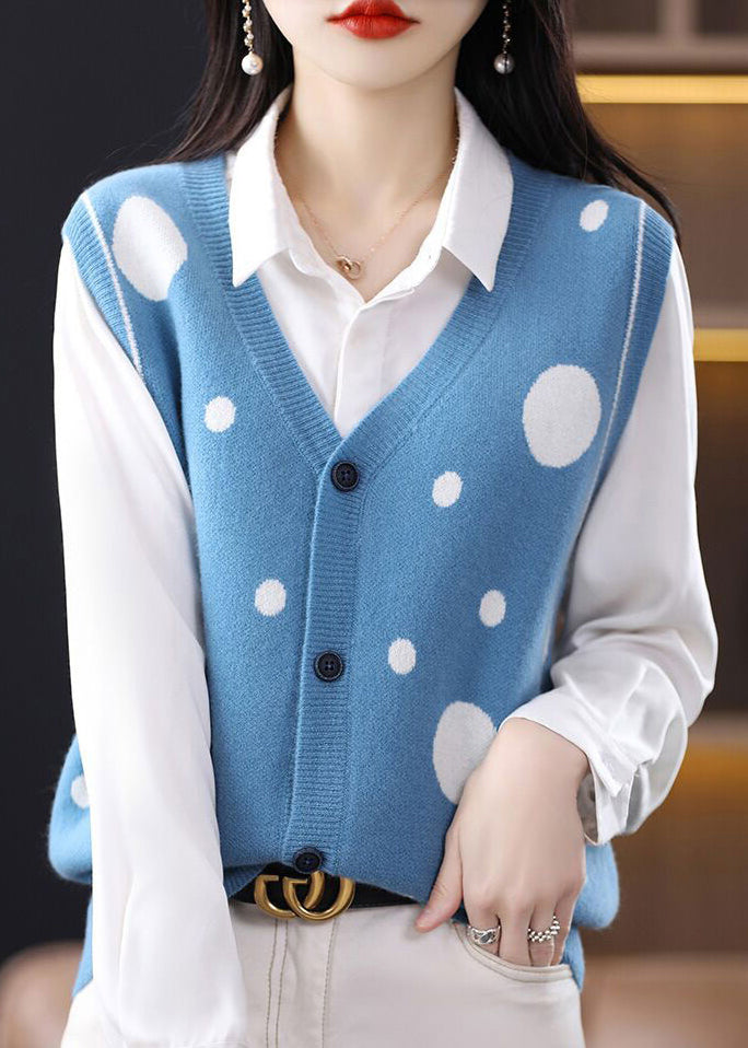 Women Camel V Neck Dot Patchwork Woolen Vest Tops Sleeveless