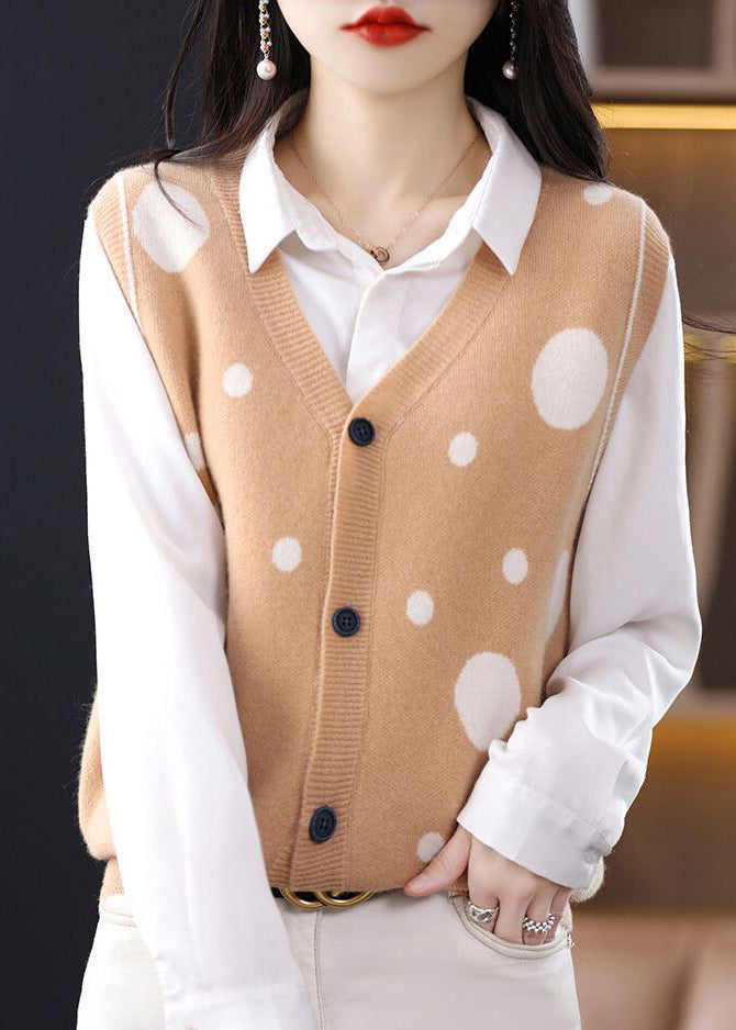 Women Camel V Neck Dot Patchwork Woolen Vest Tops Sleeveless