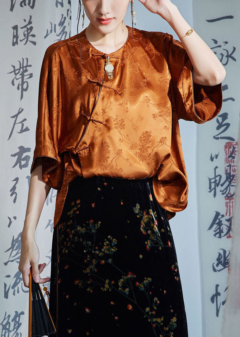 Women Caramel O-Neck Oriental Button Side Open Jacquard Silk Shirt Half Sleeve