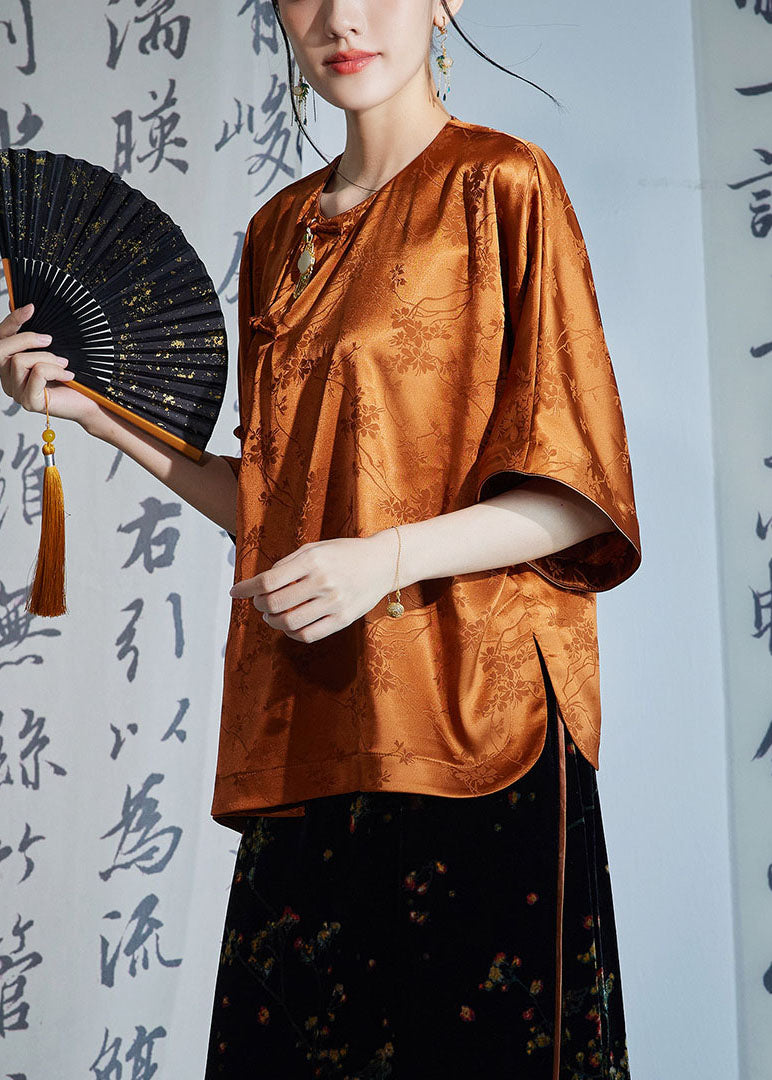 Women Caramel O-Neck Oriental Button Side Open Jacquard Silk Shirt Half Sleeve
