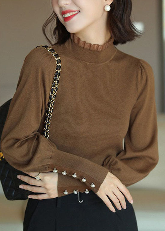 Women Caramel Ruffled Patchwork Wool Knit Pullover Spring