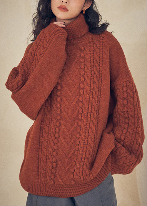 Women Caramel Turtleneck Patchwork Cable Knit Sweaters Top Fall