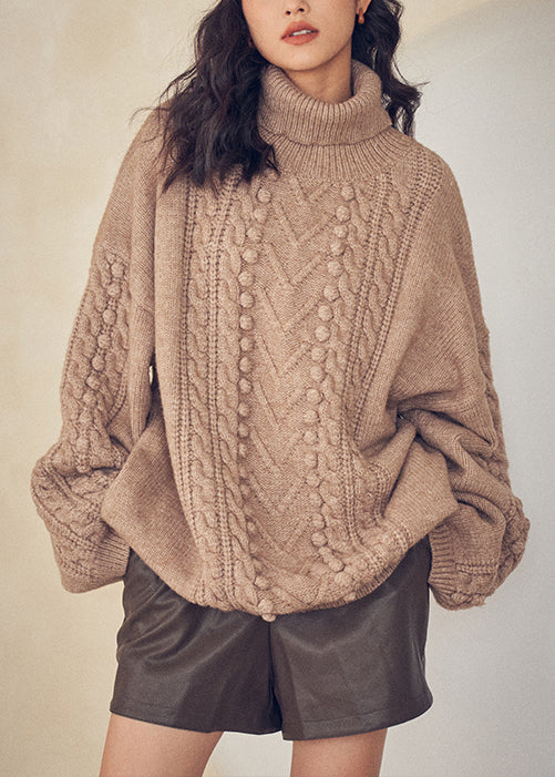 Women Caramel Turtleneck Patchwork Cable Knit Sweaters Top Fall