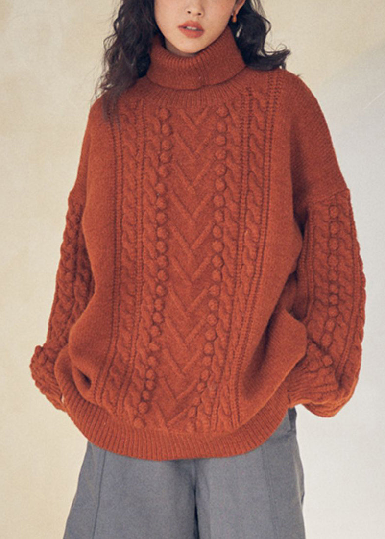 Women Caramel Turtleneck Patchwork Cable Knit Sweaters Top Fall