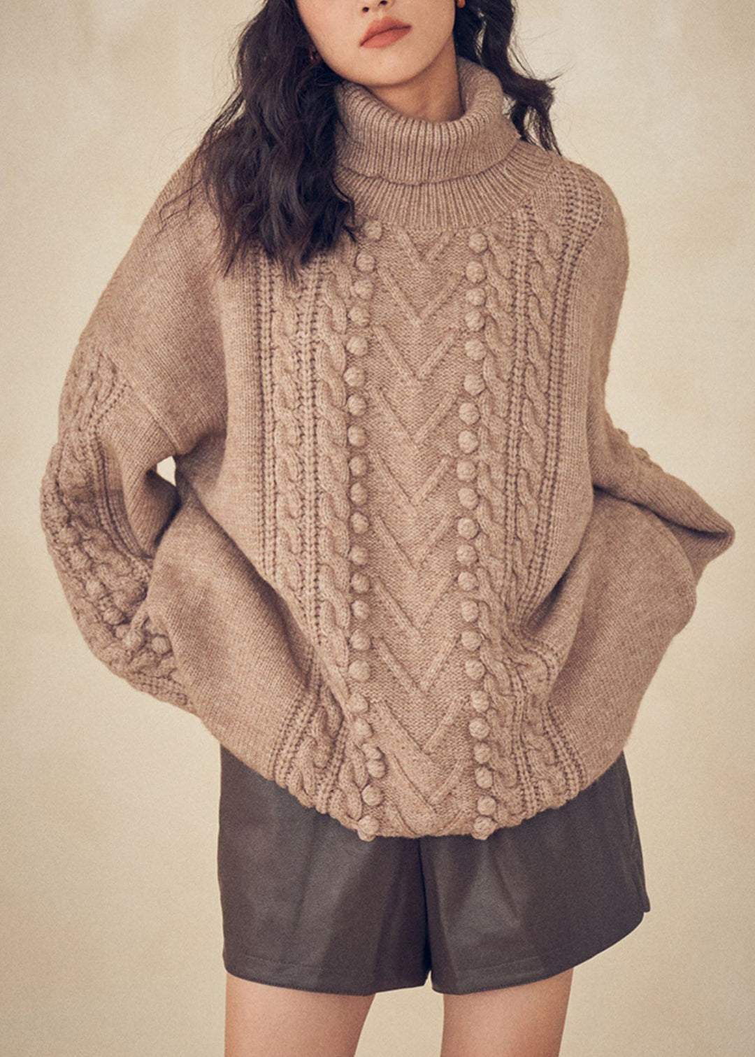 Women Caramel Turtleneck Patchwork Cable Knit Sweaters Top Fall