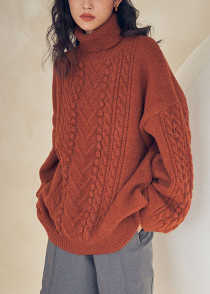 Women Caramel Turtleneck Patchwork Cable Knit Sweaters Top Fall