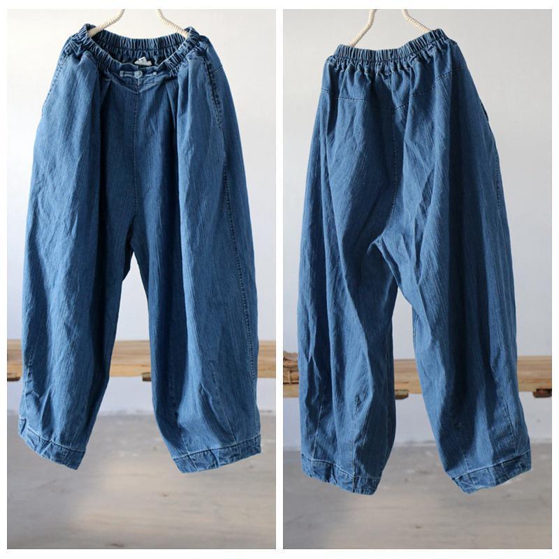 Women Casual Cotton Solid Frog Loose Bloomers Jeans - Omychic