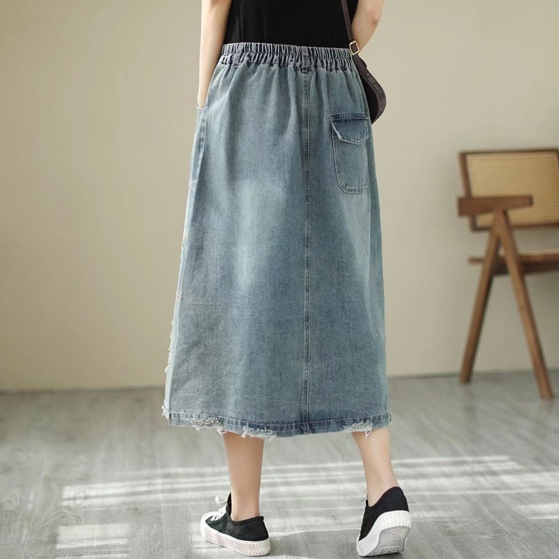 Casual Denim Mid-calf Button Hole Patchwork Skirt