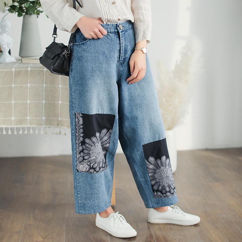 Women Casual cotton Vintage Patchwork Ankle Length Jeans - Omychic