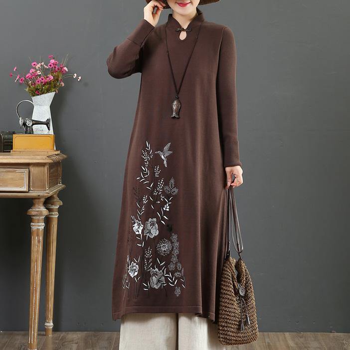 Women Chinese Button Sweater embroidery dress outfit Beautiful chocolate Fuzzy knitwear - Omychic