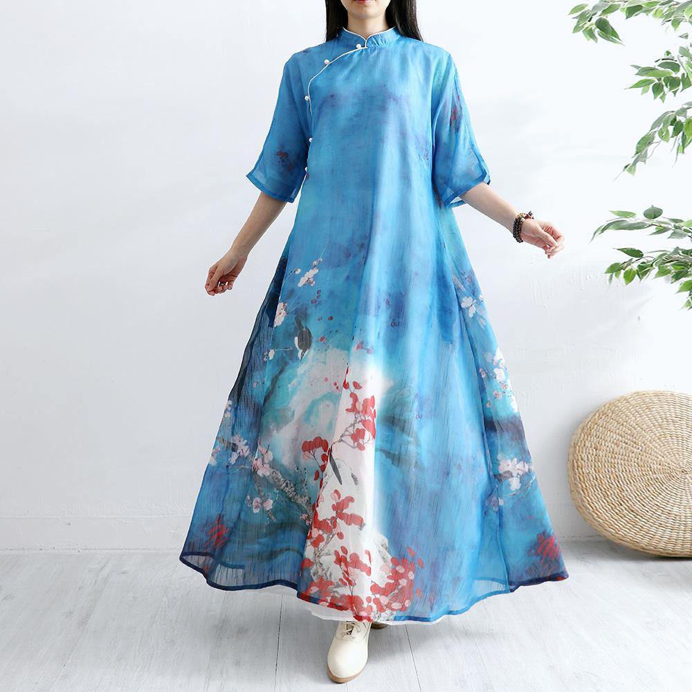 Women Chinese Button cotton Tunics Sewing blue prints Art Dresses summer - Omychic