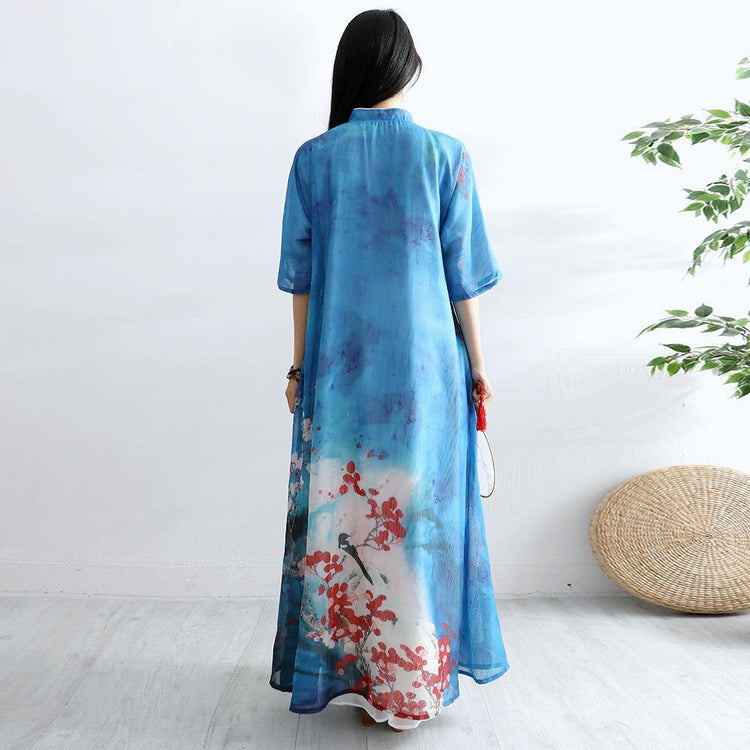 Women Chinese Button cotton Tunics Sewing blue prints Art Dresses summer - Omychic