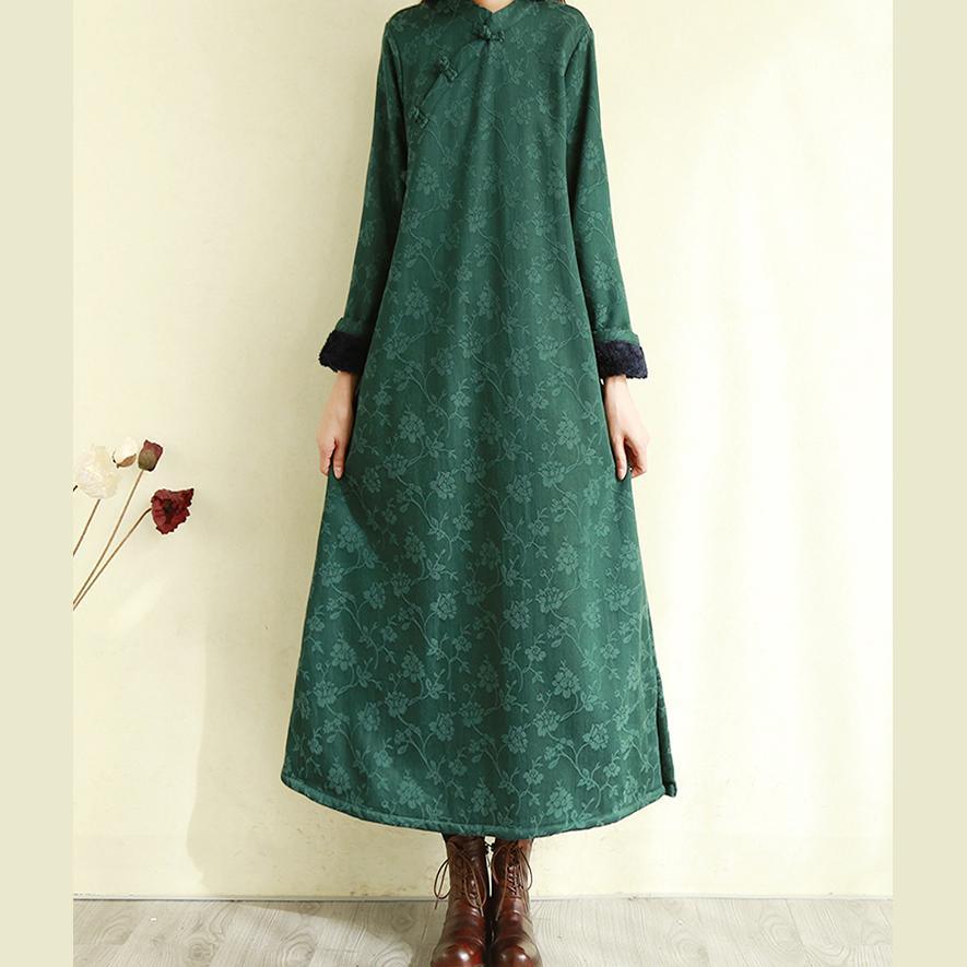 Women Chinese Button cotton linen thick dress Work green Dress - Omychic