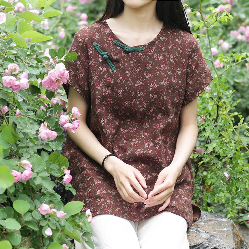 Women Chinese Button cotton tunic top Cotton brown floral top summer - Omychic