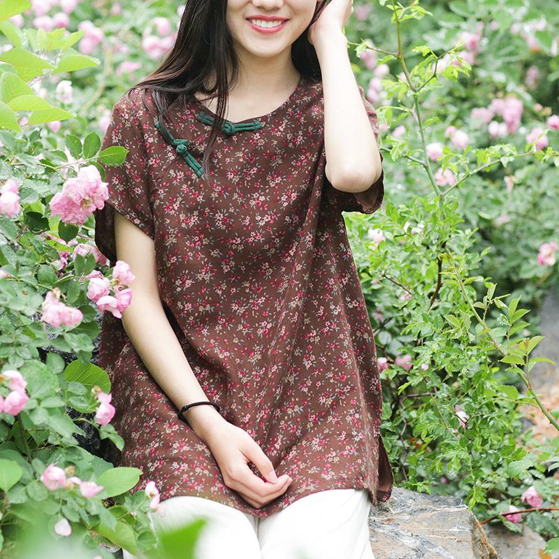 Women Chinese Button cotton tunic top Cotton brown floral top summer - Omychic