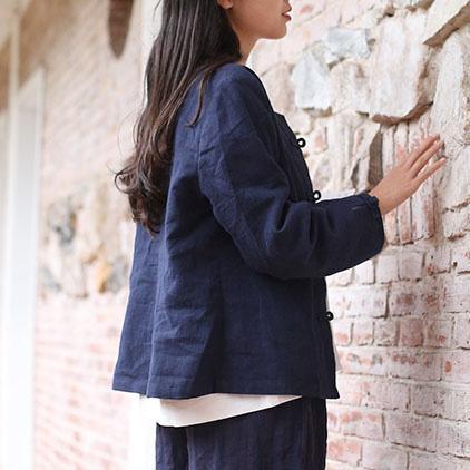 Women Chinese Button linen tops women blouses Wardrobes blue shirts fall - Omychic