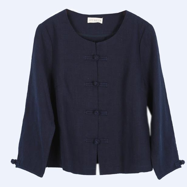 Women Chinese Button linen tops women blouses Wardrobes blue shirts fall - Omychic