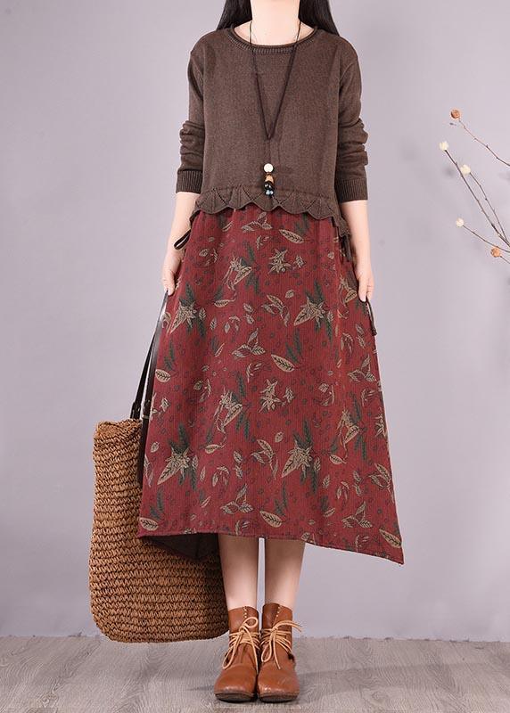 Women Chocolate Patchwork Print Clothes O Neck Loose Spring Dress - Omychic