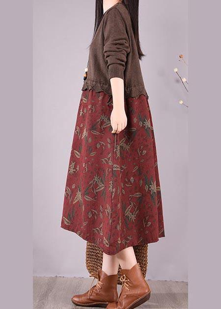 Women Chocolate Patchwork Print Clothes O Neck Loose Spring Dress - Omychic