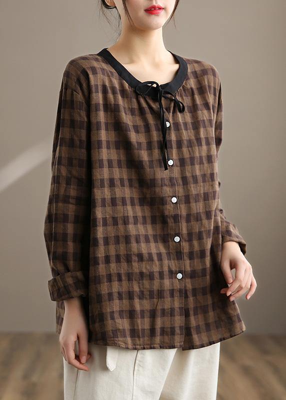 Women Chocolate Plaid Linen Shirt Trendy Plus Size Spring Cotton Tops - Omychic