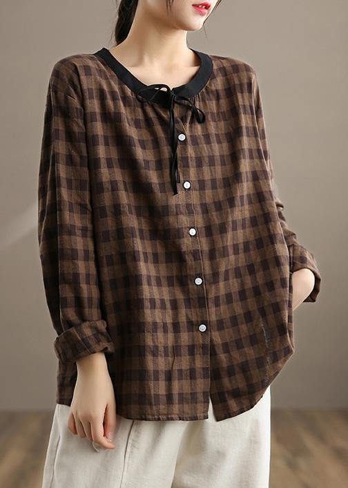Women Chocolate Plaid Linen Shirt Trendy Plus Size Spring Cotton Tops - Omychic