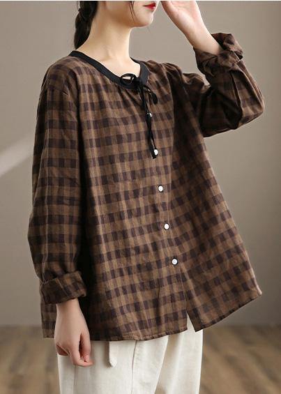 Women Chocolate Plaid Linen Shirt Trendy Plus Size Spring Cotton Tops - Omychic