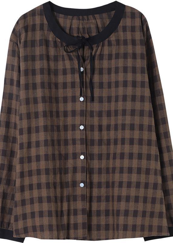 Women Chocolate Plaid Linen Shirt Trendy Plus Size Spring Cotton Tops - Omychic