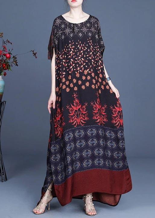Women Clothes Side Open Fashion Stitching Floral Leaf Casual Long Dress - Omychic