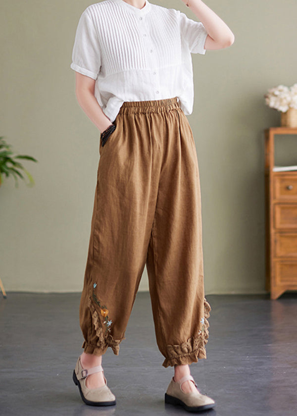Women Coffee Embroideried Elastic Waist Linen Crop Pants Summer
