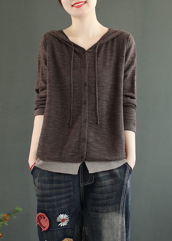 Women Coffee Hooded Button Patchwork Knitting Cotton Top Fall