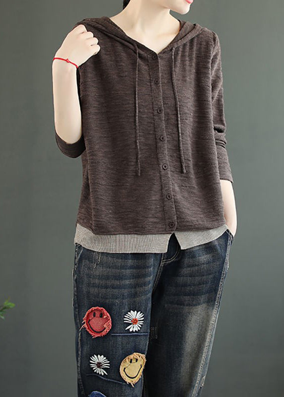Women Coffee Hooded Button Patchwork Knitting Cotton Top Fall