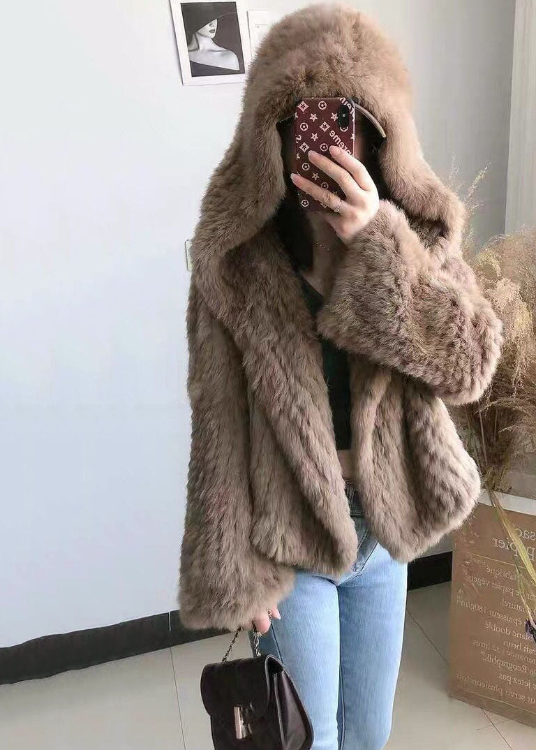 Women Coffee Hooded Solid Color Rabbit Hair Knit Jacket Winter