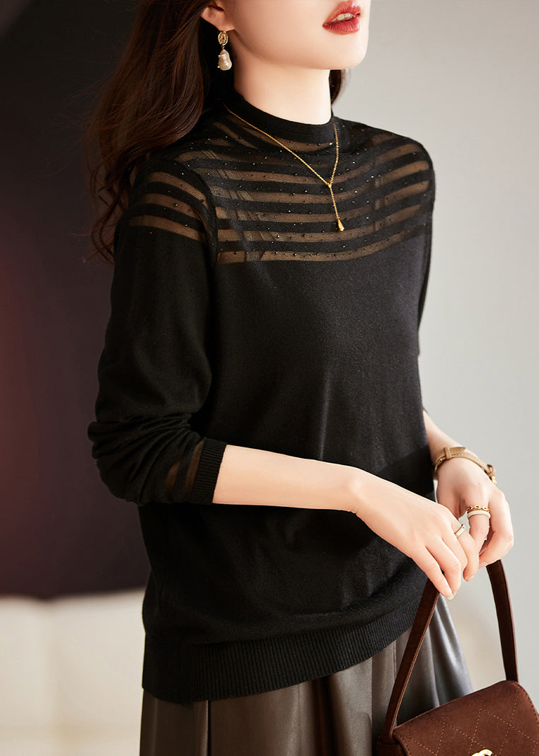 Women Coffee Nail Bead Tulle Patchwork Knit Top Long Sleeve