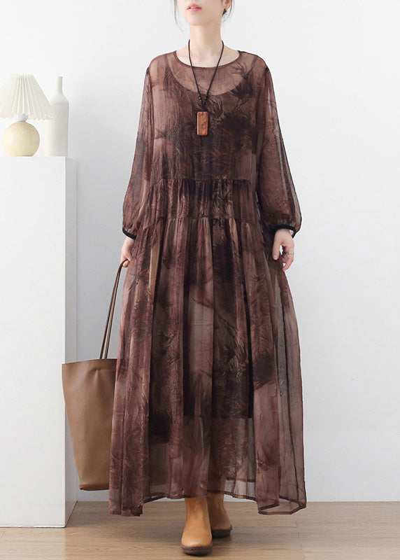 Women Coffee O-Neck Print Chiffon Long Dress And Spaghetti Strap Dress Two Pieces Set Long Sleeve