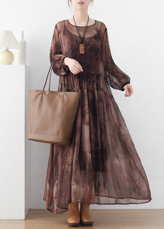 Women Coffee O-Neck Print Chiffon Long Dress And Spaghetti Strap Dress Two Pieces Set Long Sleeve