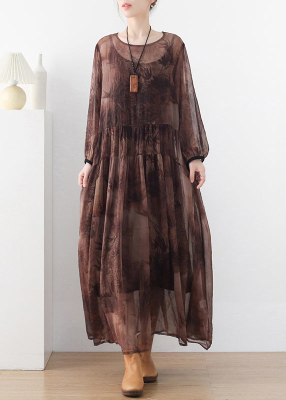 Women Coffee O-Neck Print Chiffon Long Dress And Spaghetti Strap Dress Two Pieces Set Long Sleeve