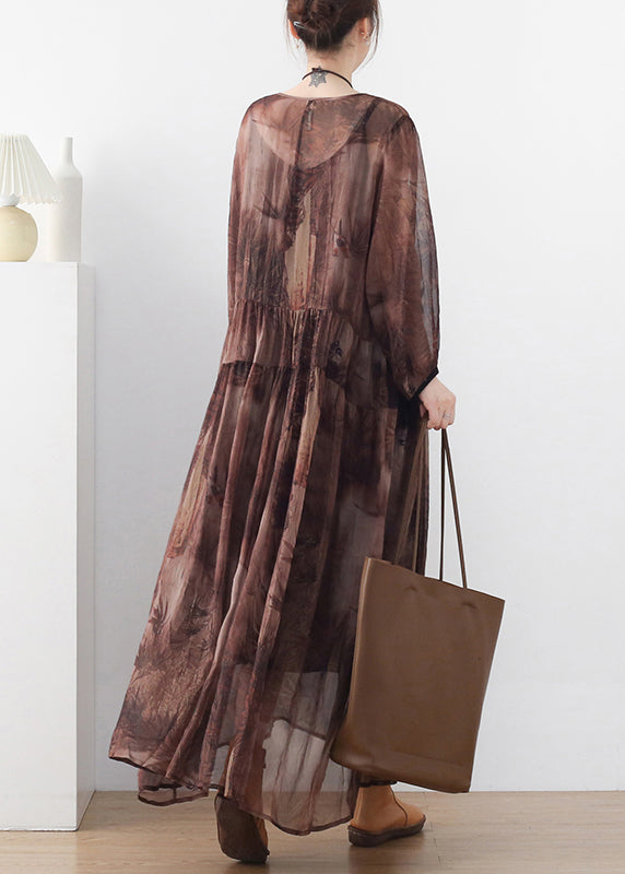 Women Coffee O-Neck Print Chiffon Long Dress And Spaghetti Strap Dress Two Pieces Set Long Sleeve