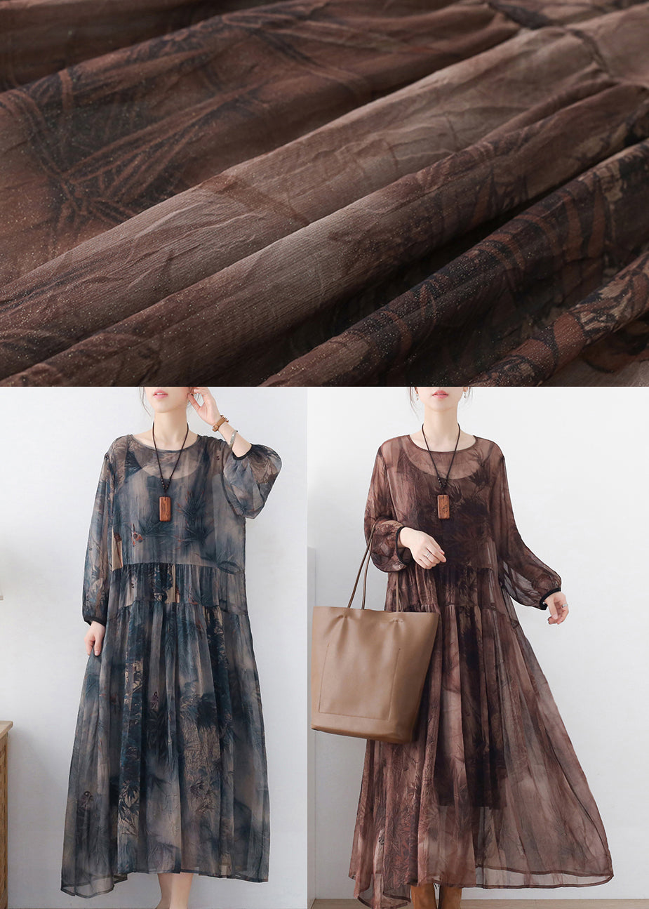 Women Coffee O-Neck Print Chiffon Long Dress And Spaghetti Strap Dress Two Pieces Set Long Sleeve