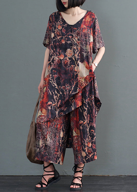 Women Coffee Print Low High Design Silk Holiday Dress And Pant Two Pieces Set Fall