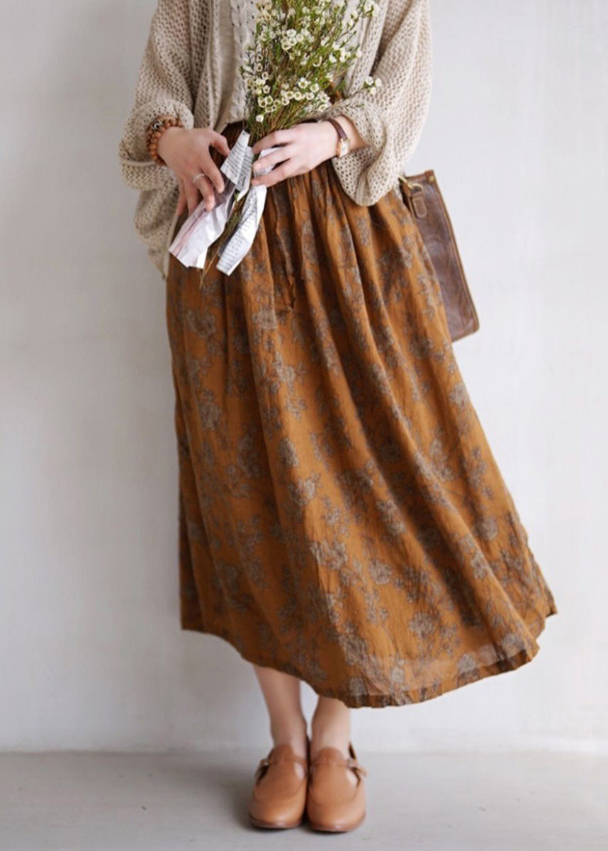 Women Coffee Print Pockets Elastic Waist Cotton Skirts Spring