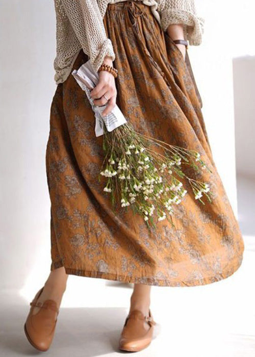 Women Coffee Print Pockets Elastic Waist Cotton Skirts Spring