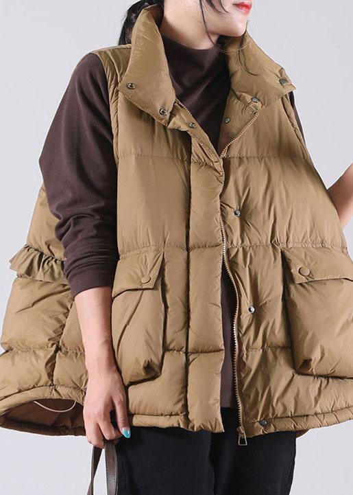 Women Coffee Ruffled Pockets Duck Down Sleeveless down vest - Omychic