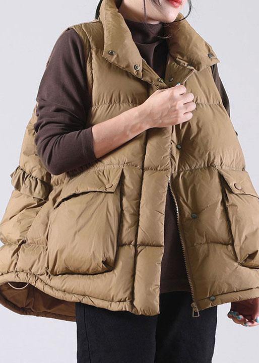 Women Coffee Ruffled Pockets Duck Down Sleeveless down vest - Omychic