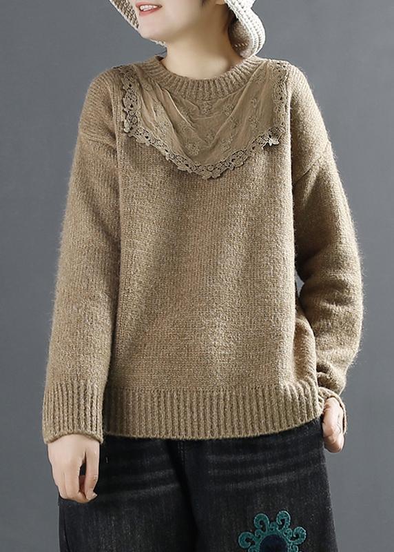 Women Coffee Top Patchwork Casual Sweaters - Omychic