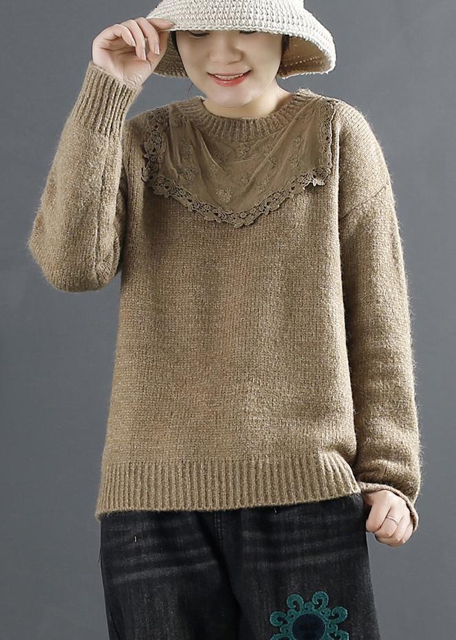 Women Coffee Top Patchwork Casual Sweaters - Omychic