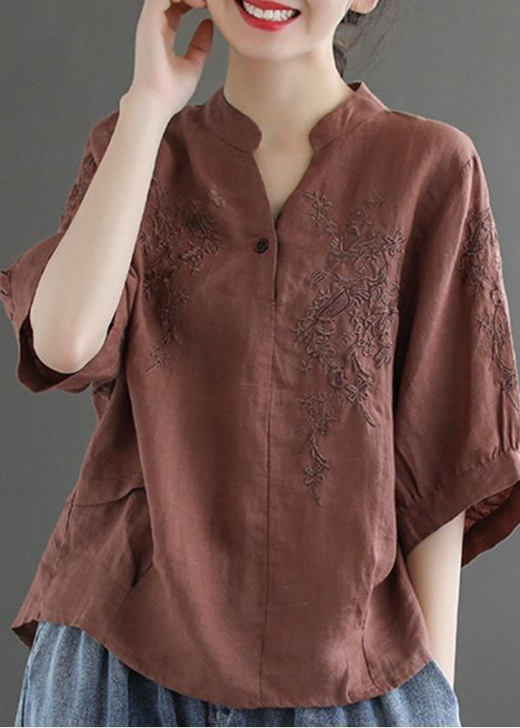 Women Coffee V Neck Embroideried Wrinkled Linen Blouse Top Lantern Sleeve