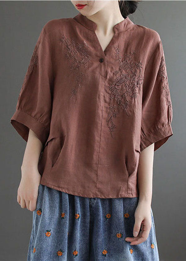 Women Coffee V Neck Embroideried Wrinkled Linen Blouse Top Lantern Sleeve