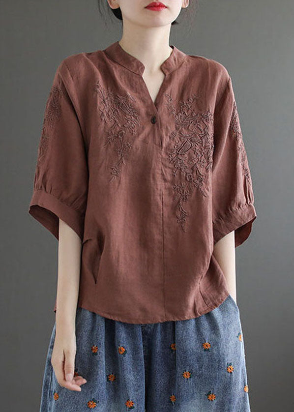 Women Coffee V Neck Embroideried Wrinkled Linen Blouse Top Lantern Sleeve