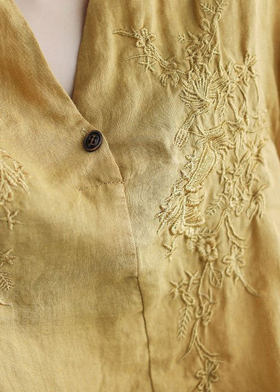 Women Coffee V Neck Embroideried Wrinkled Linen Blouse Top Lantern Sleeve