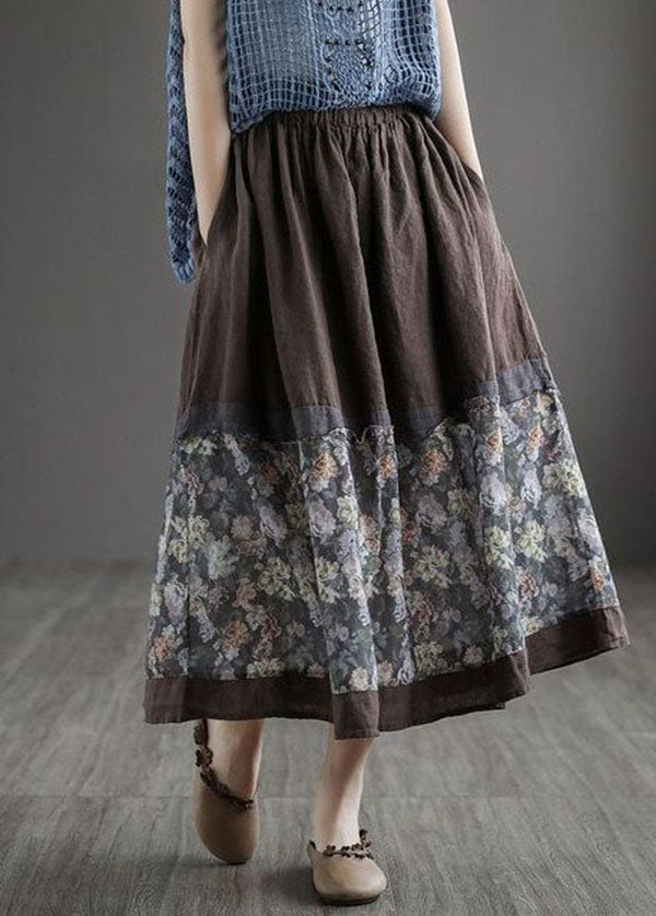 Women Coffee Wrinkled Pockets Print Patchwork Linen Skirt Summer